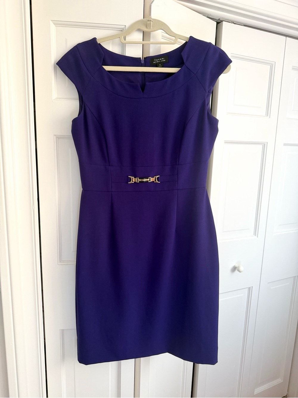 Tahari ASL Deep Purple Sheath Dress with Gold Accent Buckle